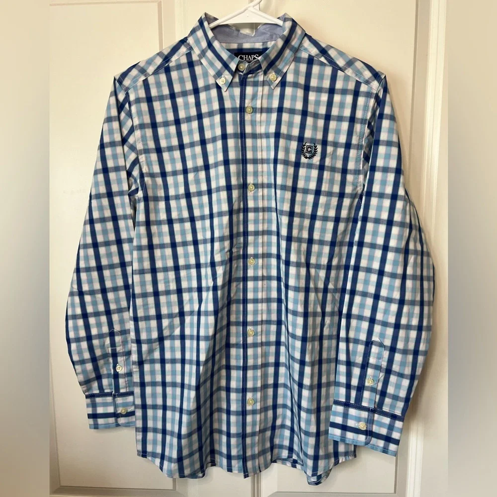 Chaps Boys Blue and White Plaid Button-Down Shirt